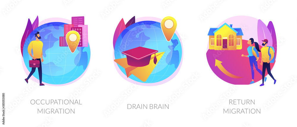 Students and employees emigration metaphors. Occupational and educational migration, drain brain, refugees forced return. Population mobility abstract concept vector illustration set.