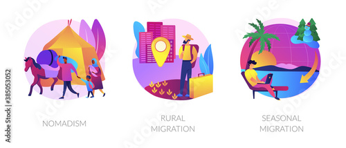 Temporary migration metaphors. Nomad lifestyle, rural and seasonal migration. Holiday vacation tourism. Changing settling place, moving to new location abstract concept vector illustration set.