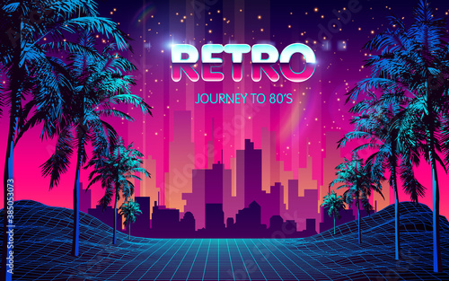 80s Futuristic Retro Future. Retro Futuristic Background 1980s Style with Palm Tree Silhouette. Road to the City at Sunset 1980s Style. Digital Retro Cityscape Fashion Sci-Fi Summer Landscape.