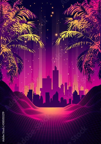 80s Futuristic Retro Future. Retro Futuristic Background 1980s Style with Palm Tree Silhouette. Road to the City at Sunset 1980s Style. Digital Retro Cityscape Fashion Sci-Fi Summer Landscape.
