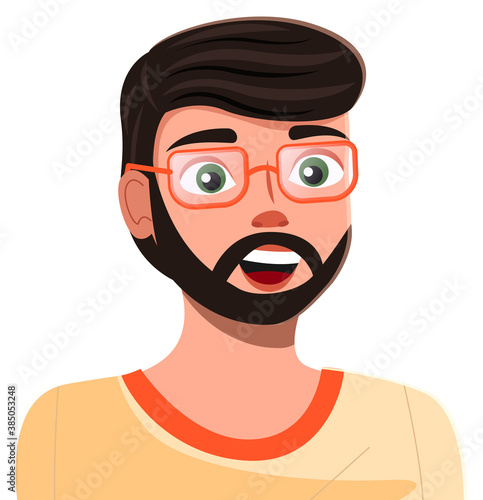 Vector cartoon character. Avatar of young bearded man wearing eyeglasses in yellow t-shirt. Isolated at white portrait of happy cheerful guy, programmer or coder, profile user. Handsome man icon