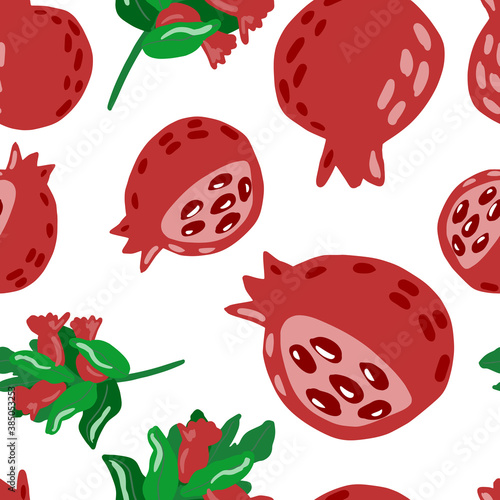 Isolated random seamless pattern with garnet and branch with berries silhouettes. Green foliage and red fruits on white background.