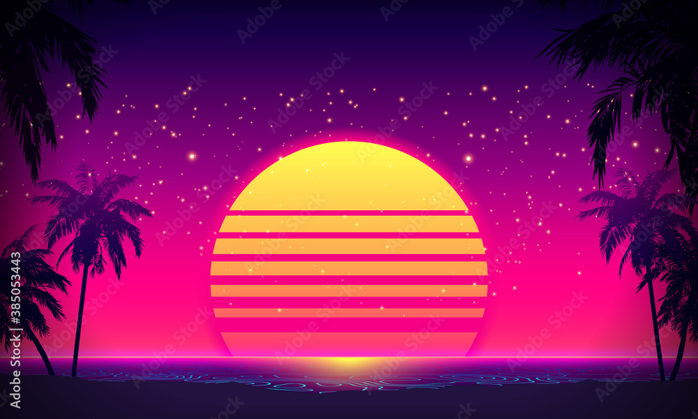 Obraz premium Retro 80s Style Tropical Sunset with Palm Tree Silhouette and Gradient Sky Background. Classic 80s Retro Design. Digital Retro Landscape Cyber Surface. 80s Party Background. Trendy Vector Illustration