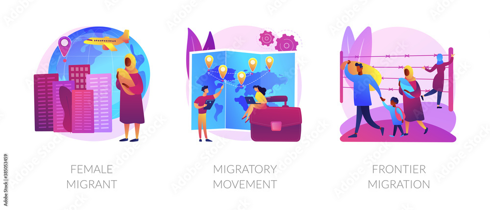 Refugees of war and gender discrimination metaphors. Female migrant, migratory movement, frontier emigration. Asylum seekers community abstract concept vector illustration set.