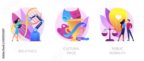 Ethical and medical issues metaphors. Bioethics, cultural prize, public morality. Philosophy and life science. Human and nature problems abstract concept vector illustration set.