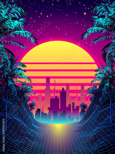 80s Futuristic Retro Future. Retro Futuristic Background 1980s Style with Palm Tree Silhouette. Road to the City at Sunset 1980s Style. Digital Retro Cityscape Fashion Sci-Fi Summer Landscape.