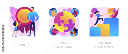 Personal achievement and employees training metaphors. Honour, human relations, self development. Business coaching. Challenge and progress abstract concept vector illustration set.