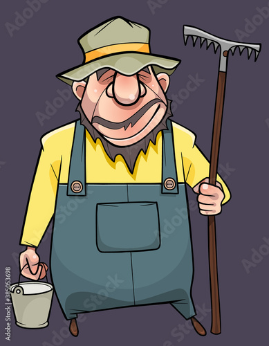 cartoon male gardener in overalls and hat stands with bucket and rake