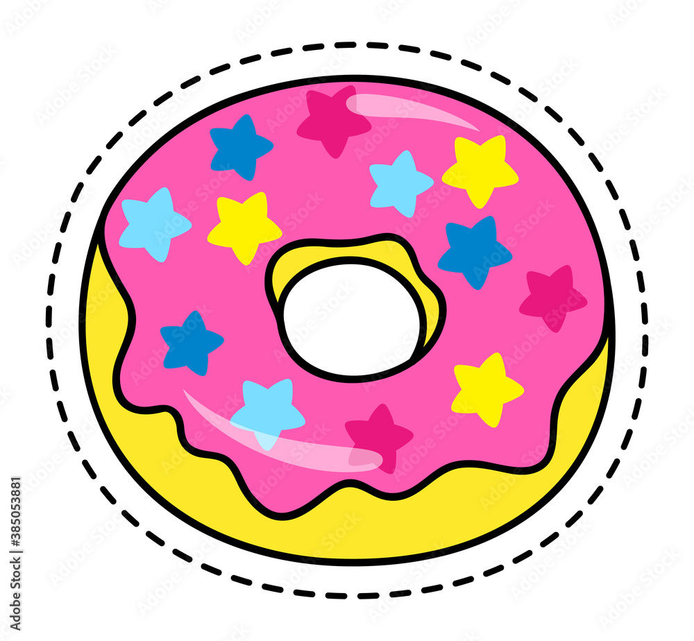 Sweet doughnut sticker or label with dotted line around, sweet bakery dessert with colorful sugar stars and pink cream, donut confectionery cookie, snack for children, delicious unhealthy food Sweet doughnut sticker or label with dotted line around, sweet bakery dessert with colorful sugar stars and pink cream, donut confectionery cookie, snack for children, delicious unhealthy food
