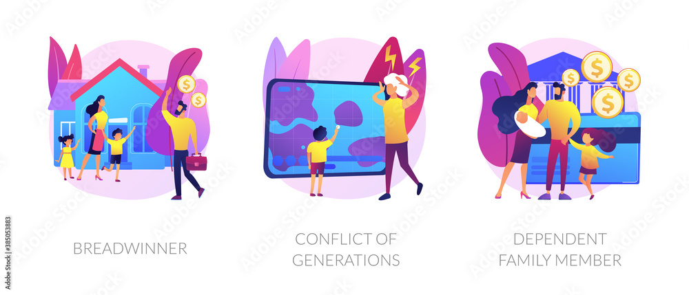 Traditional gender and social roles metaphors. Breadwinner, conflict of generations, dependent family member. Male and female stereotypes in society abstract concept vector illustration set.