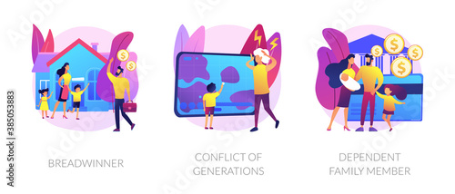 Traditional gender and social roles metaphors. Breadwinner, conflict of generations, dependent family member. Male and female stereotypes in society abstract concept vector illustration set.