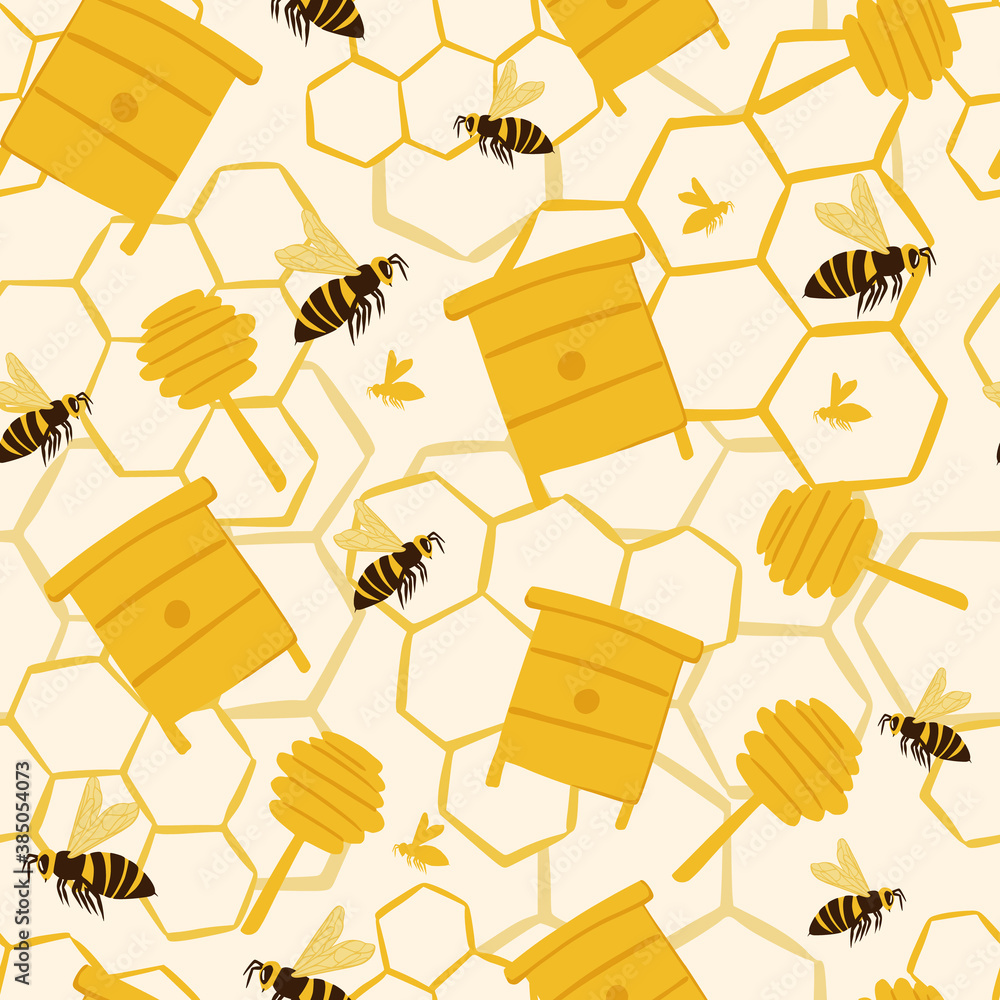 Doodle seamless pattern with yellow hives, spoons, bees flat elements. Background with honeycombs ornament.