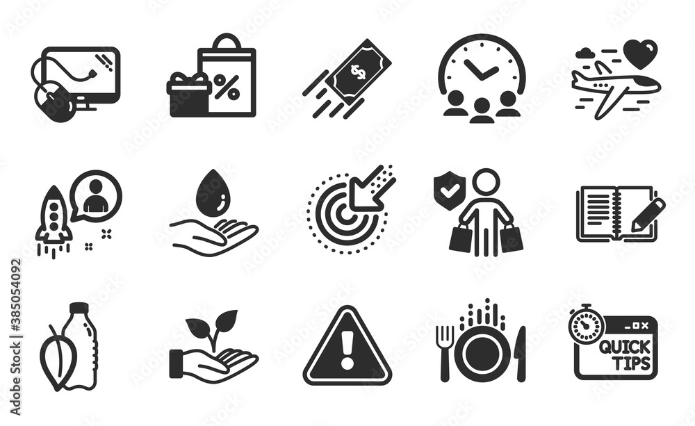 Helping hand, Meeting time and Buyer insurance icons simple set. Honeymoon travel, Targeting and Quick tips signs. Water care, Computer mouse and Startup symbols. Flat icons set. Vector