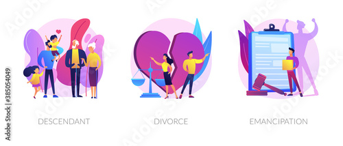 Society issues metaphors. Descendant, divorce, emancipation. Marriage annulment, social rights, gender equality. Wife and husband break up abstract concept vector illustration set.