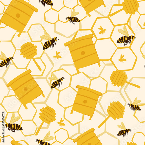 Doodle seamless pattern with yellow hives, spoons, bees flat elements. Background with honeycombs ornament.