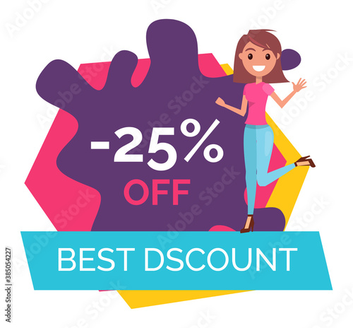 Young smiling stylish girl rejoice a promo action. Best discount, 25 off sale. Promotional poster or banner for shops. Sale products, discount offer. Proposal to save money. Economy concept