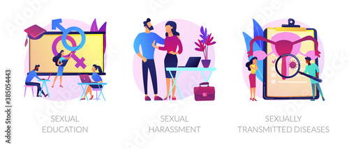Sexual behavior abstract concept vector illustration set. Sexual harassment and sexually transmitted diseases, sex education, abuse and assault, insecure contact, labor relationship abstract metaphor.