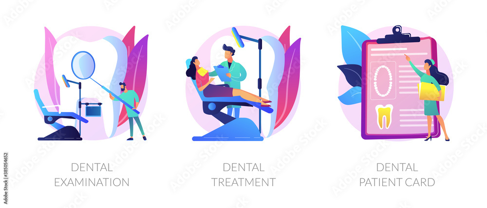 Stomatological clinic. Dentist appointment, checkup and teeth care procedures. Dental examination, dental treatment, dental patient card metaphors. Vector isolated concept metaphor illustrations. Stomatological clinic. Dentist appointment, checkup and teeth care procedures. Dental examination, dental treatment, dental patient card metaphors. Vector isolated concept metaphor illustrations.