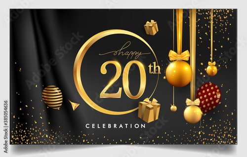 20th years anniversary design for greeting cards and invitation, with balloon, confetti and gift box, elegant design with gold and dark color, design template for birthday celebration.