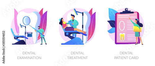 Stomatological clinic. Dentist appointment, checkup and teeth care procedures. Dental examination, dental treatment, dental patient card metaphors. Vector isolated concept metaphor illustrations.
