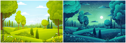 Day and night landscape with hills, forest, fir-trees, view at scenery with clear sky, full moon, summer fields with bushes and plants, nobody, ecological, non-urban, scene of countryside, wild