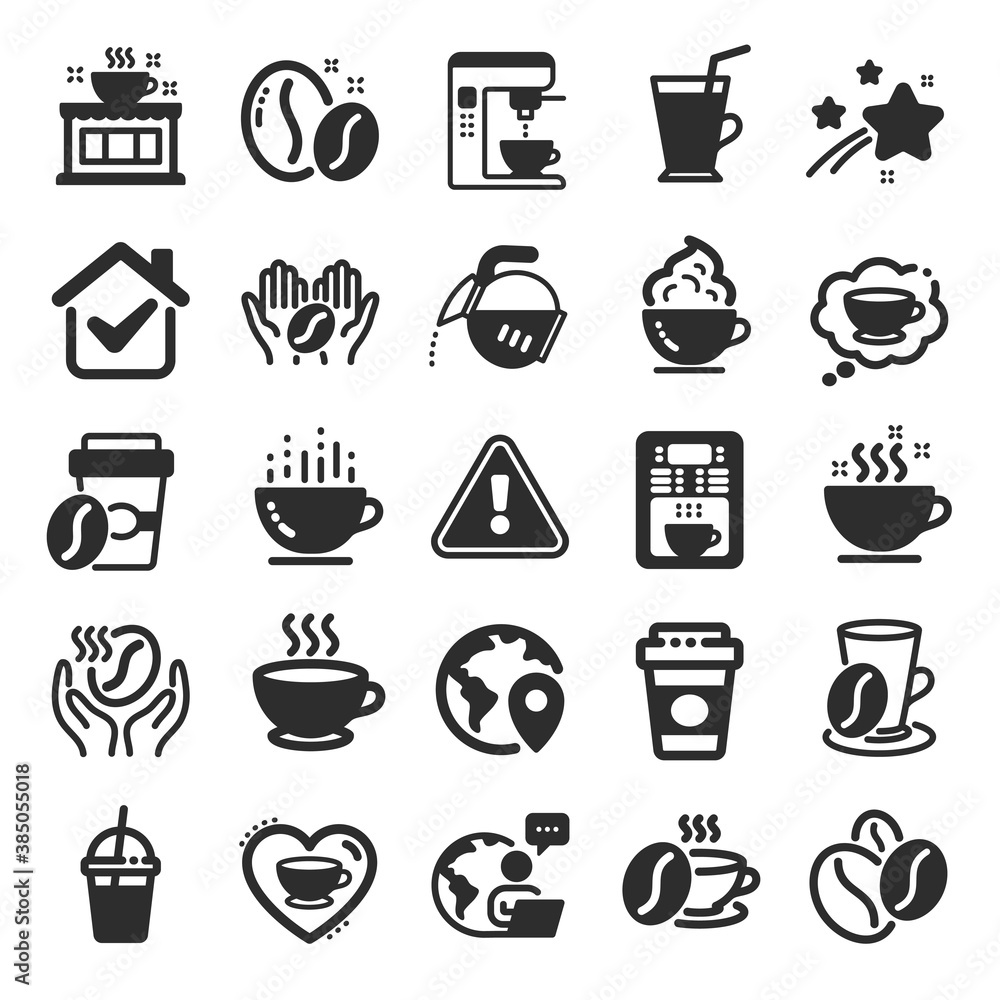 Coffee icons. Beans, hot cocktail and coffee maker machine. Espresso cup, cappuccino with whipped cream icons. Latte vending machine, breakfast drink and roasted beans. Flat icon set. Vector Coffee icons. Beans, hot cocktail and coffee maker machine. Espresso cup, cappuccino with whipped cream icons. Latte vending machine, breakfast drink and roasted beans. Flat icon set. Vector