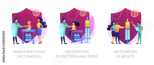 Vaccine-preventable diseases abstract concept vector illustration set. Infant and child vaccination, vaccination of preteens, teens and adults, immunization schedule, side effects abstract metaphor.