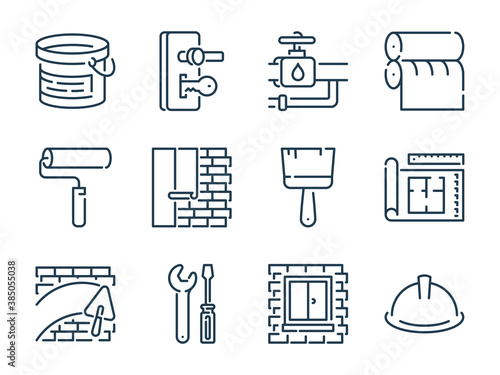 Renovation and Home construction related vector line icons. House repair and construction site outline icon set.