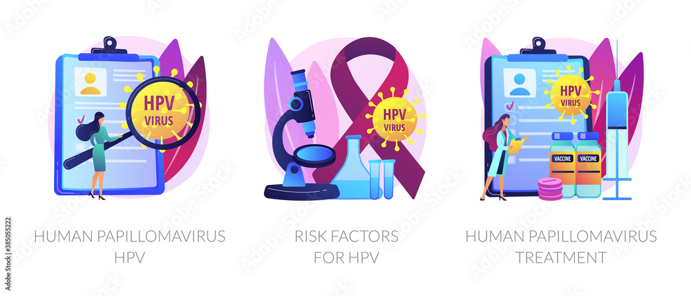 Virus diagnostic, infected cells analyzing. Human papillomavirus HPV, risk factors for HPV, human papillomavirus treatment metaphors. Vector isolated concept metaphor illustrations.