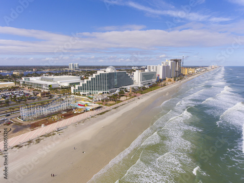 Daytona Beach Hilton and oceanfront aerial view in a cloudy day, Daytona Beach, Florida FL, USA.  photo