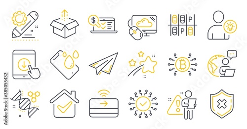 Set of Technology icons, such as Paper plane, Reject protection, Smartphone waterproof symbols. Parking place, Chemistry dna, Online accounting signs. Scroll down, Contactless payment. Vector