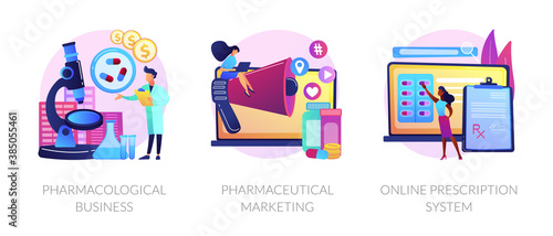 Pharmacological internet service development and promotion. Pharmacological business, pharmaceutical marketing, online prescription system metaphors. Vector isolated concept metaphor illustrations.