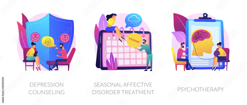 Psychology and psychiatry, mental disorder therapy. Depression counseling, seasonal affective disorder treatment, psychotherapy metaphors. Vector isolated concept metaphor illustrations.