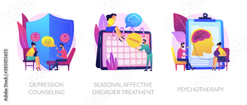 Psychology and psychiatry, mental disorder therapy. Depression counseling, seasonal affective disorder treatment, psychotherapy metaphors. Vector isolated concept metaphor illustrations.