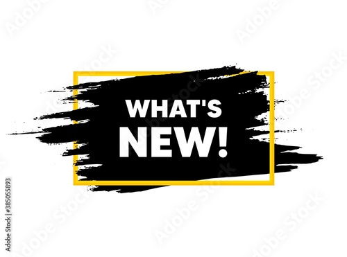 Whats new symbol. Paint brush stroke in frame. Special offer sign. New arrivals symbol. Paint brush ink splash banner. Whats new badge shape. Grunge black watercolor banner. Paintbrush frame. Vector