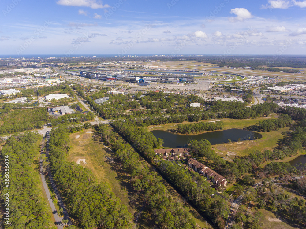 Daytona Beach International Speedway and city landscape aerial view, Daytona Beach, Florida FL, USA. It is the home for NASCAR Daytona 500.