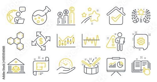 Set of Education icons, such as Chemistry lab, Drums, Financial diagram symbols. Cogwheel, Ranking, Architectural plan signs. Chemical formula, Safe time, Payment exchange. Graph chart. Vector