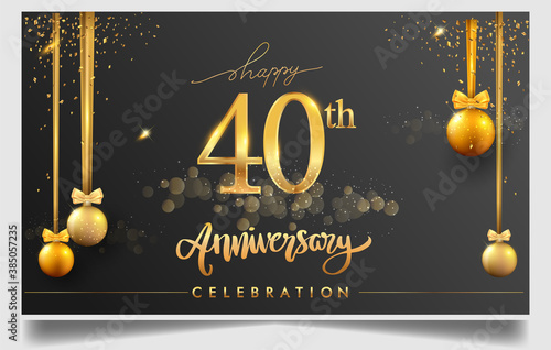 40th years anniversary design for greeting cards and invitation, with balloon, confetti and gift box, elegant design with gold and dark color, design template for birthday celebration.
