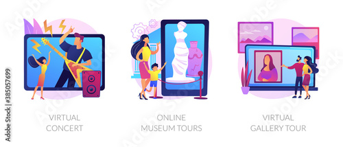 Quarantine leasure time abstract concept vector illustration set. Virtual concert, online museum tours, virtual gallery exhibition tour, art therapy, social distance, stay home abstract metaphor.