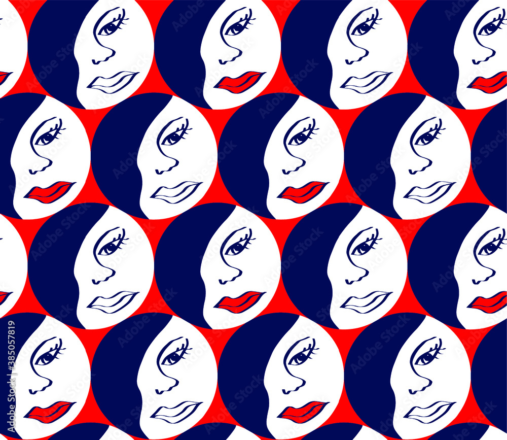 Abstract Hand Drawing Ying Yang Woman Faces Art Deco Repeating Vector ...