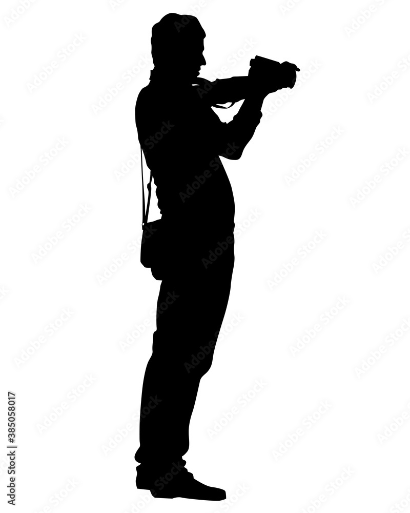 Photograph and women with a camera on street. Isolated silhouettes of people on white background