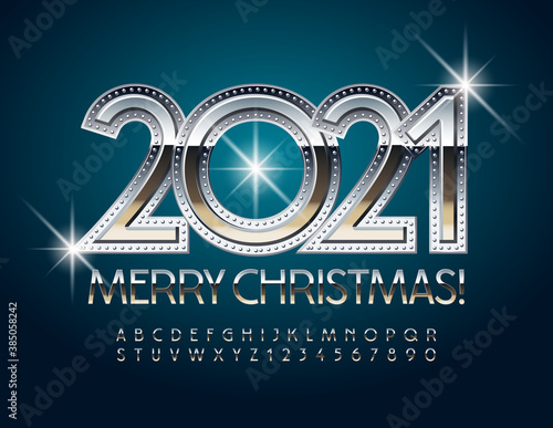 Vector modern greeting card Merry Christmas 2021! Elegant Silver Font. Reflective metallic Alphabet Letters and Numbers set