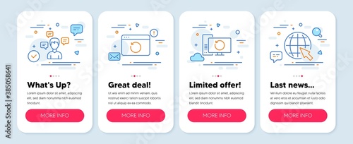 Set of Education icons, such as Recovery internet, Conversation messages, Recovery computer symbols. Mobile screen app banners. Internet line icons. Backup info, Communication, World web. Vector