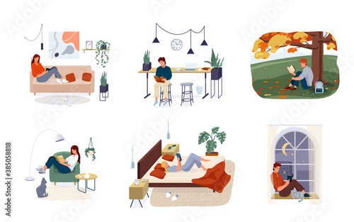 People reading books scene vector background. Set of men and women comfortable sitting or lying down and read literature isolated on white. Cozy outdoor fall illustration. Reader in home interior