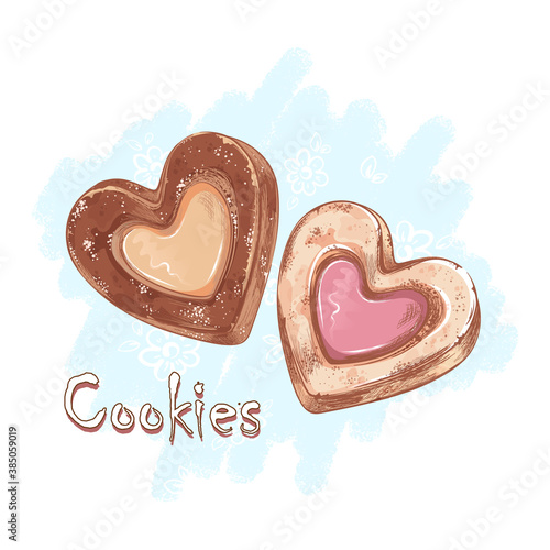 Two heart-shaped shortbread cookies. Desserts and sweets. Sketchy hand drawing style.