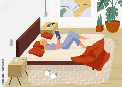 Woman reading book vector background. Relaxed girl comfortable lying down on the bed with blanket and read inside her bedroom. Cozy modern home interior. Concept of homeward and comfort