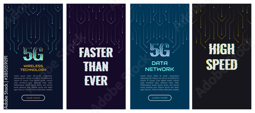 Concept, fifth generation networks, new technologies, 5G mobile wireless communication. Vector set of abstract banners in digital techno style. Dark blue background with bright computer elements. 