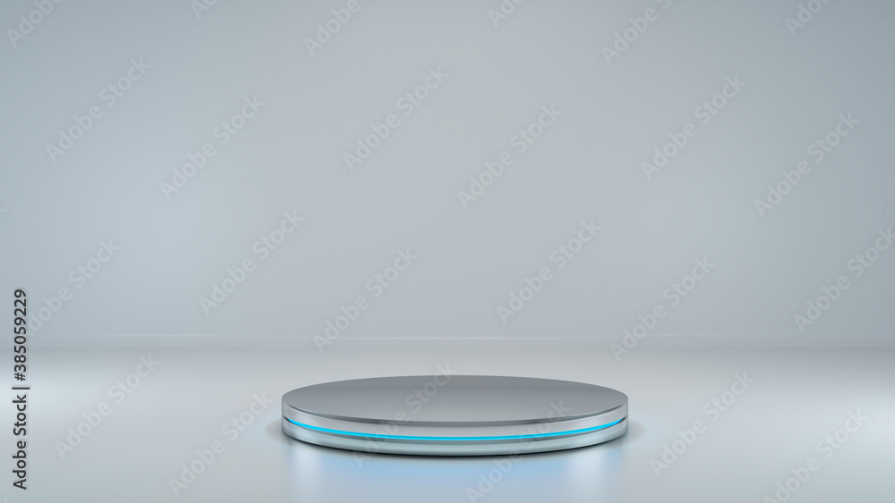 Chrome cylinder platform abstract background with blue neon light shiny metallic podium. Realistic product stand 3D rendering Chrome cylinder platform abstract background with blue neon light shiny metallic podium. Realistic product stand 3D rendering