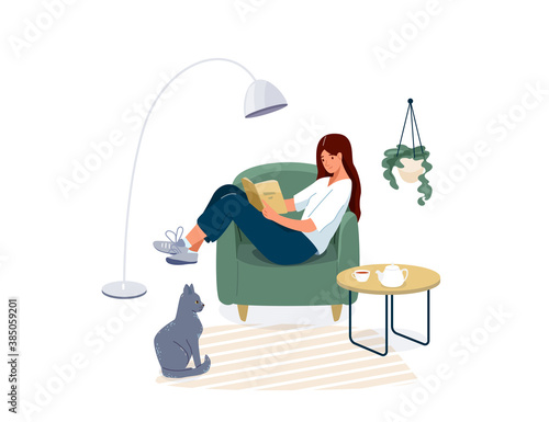 Woman reading book vector background. Relaxed girl comfortable sitting on the armchair and read, isolated on white backdrop. Cozy modern home interior with cat pet. Concept of homeward and comfort