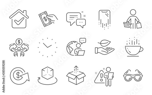 Sharing economy, Pay money and Augmented reality line icons set. Sunglasses, Send box and Employees messenger signs. Dollar exchange, Smartphone recovery and Coffee cup symbols. Line icons set. Vector